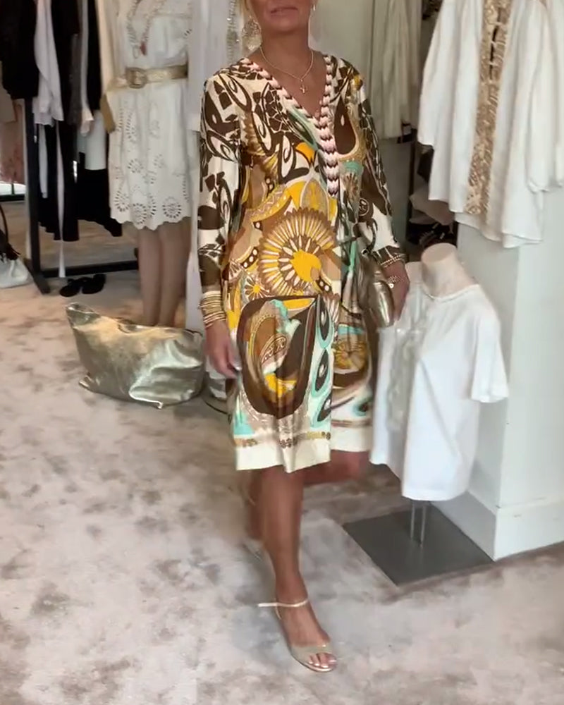 Robe décontractée à col en V et imprimé rétro