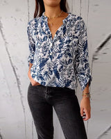 Blouse décontractée boutonnée imprimé feuilles, col V et manches neuf-quarts