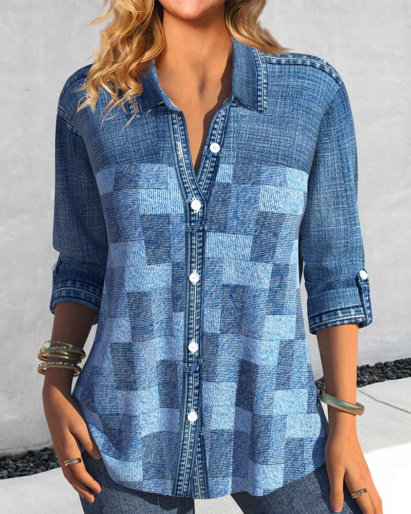 Blouse à manches longues imprimée effet denim