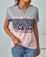 T-Shirt Col Rond Imprimé Léopard Bloc De Couleur