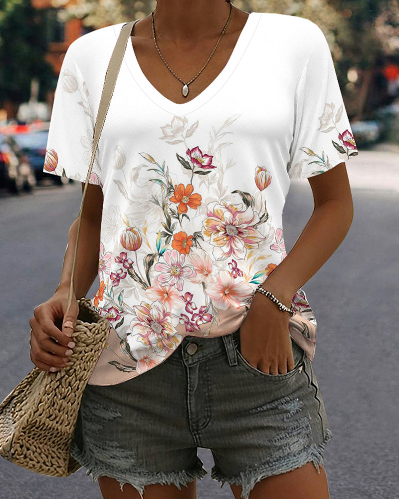 T-Shirt Imprimé Col En V Décontracté Manches Courtes