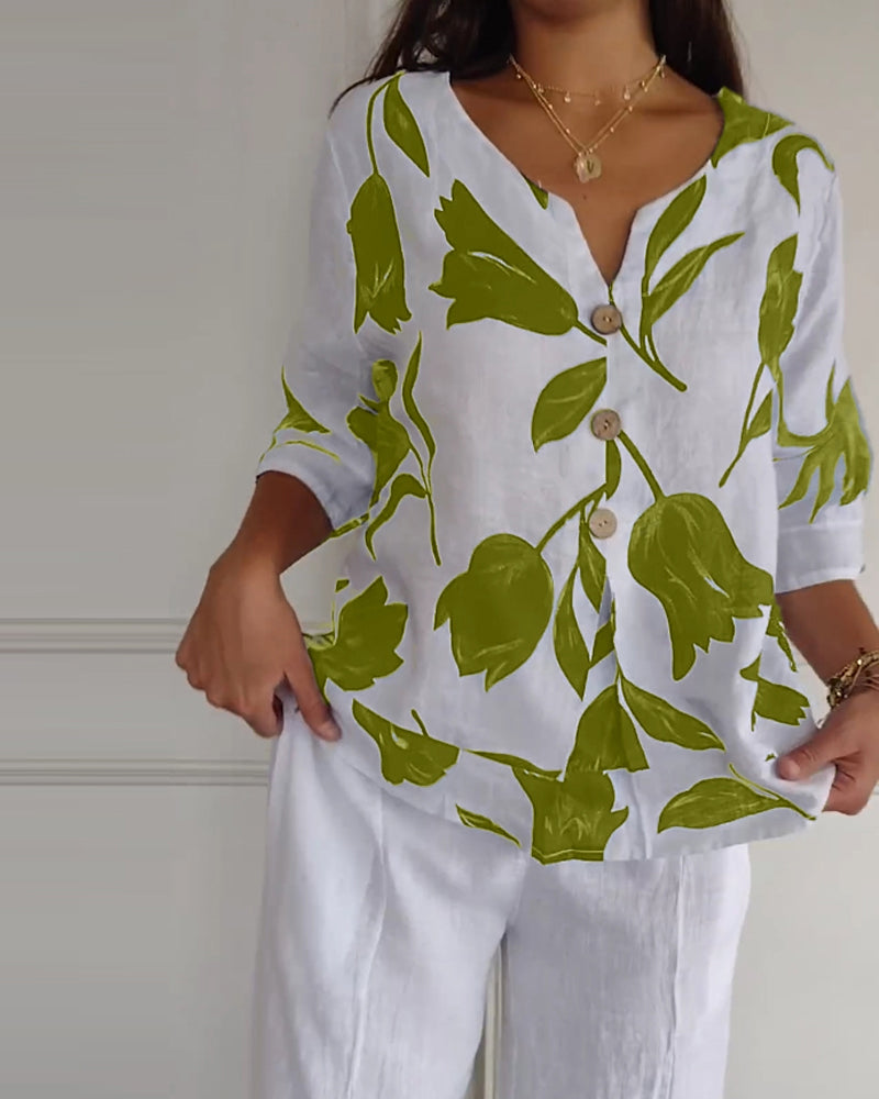 Haut boutonné en coton et lin imprimé fleuri