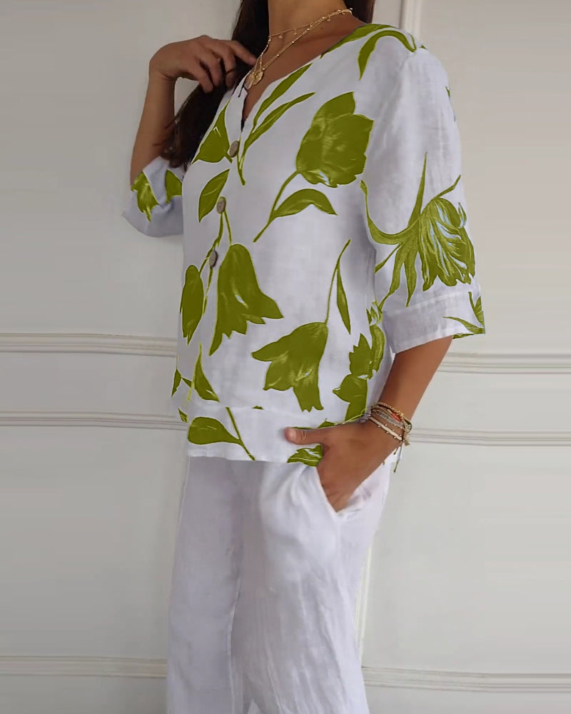 Haut boutonné en coton et lin imprimé fleuri