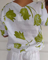 Haut boutonné en coton et lin imprimé fleuri