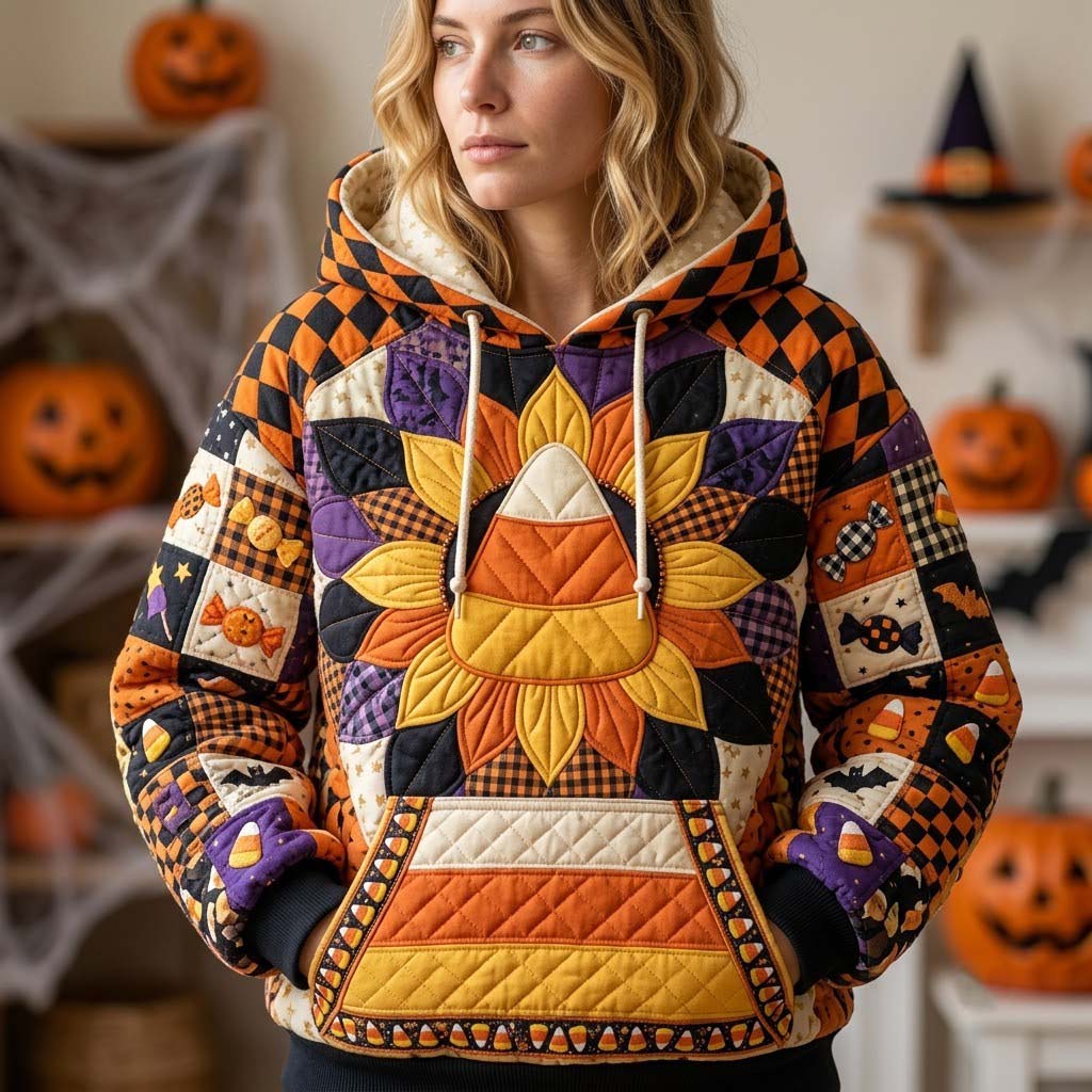 Sweat à capuche unisexe – Patchwork d’Halloween à minuit – Motif 6