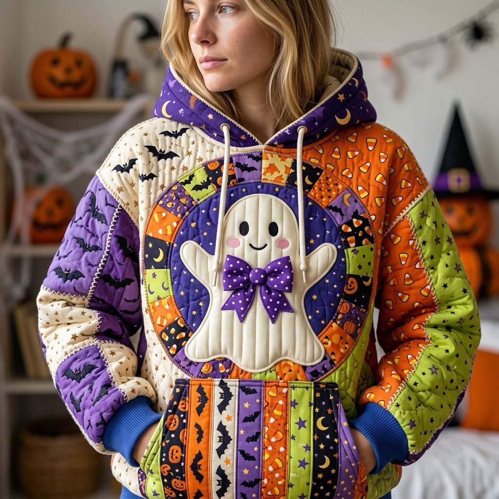 Sweat à capuche unisexe – Patchwork d’Halloween à minuit – Motif 5