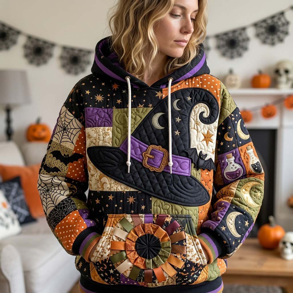 Sweat à capuche unisexe – Patchwork d’Halloween à minuit – Motif 4