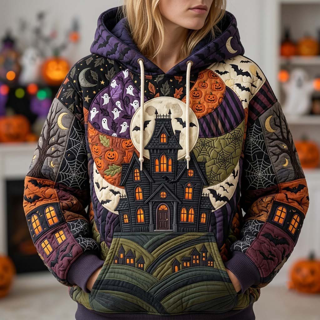 Sweat à capuche unisexe – Patchwork d’Halloween à minuit – Motif 2