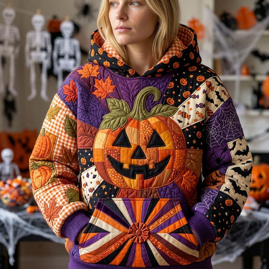 Sweat à capuche unisexe – Patchwork d’Halloween à minuit