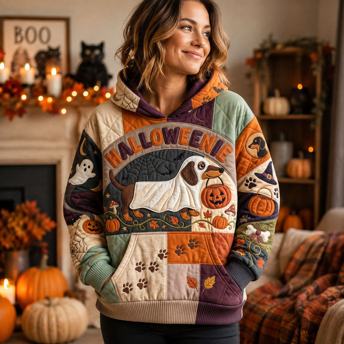 Sweat à capuche unisexe – Teckel fantôme d’Halloween