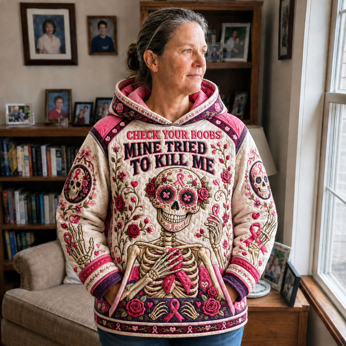 Sweat à capuche unisexe – Crâne au ruban rose