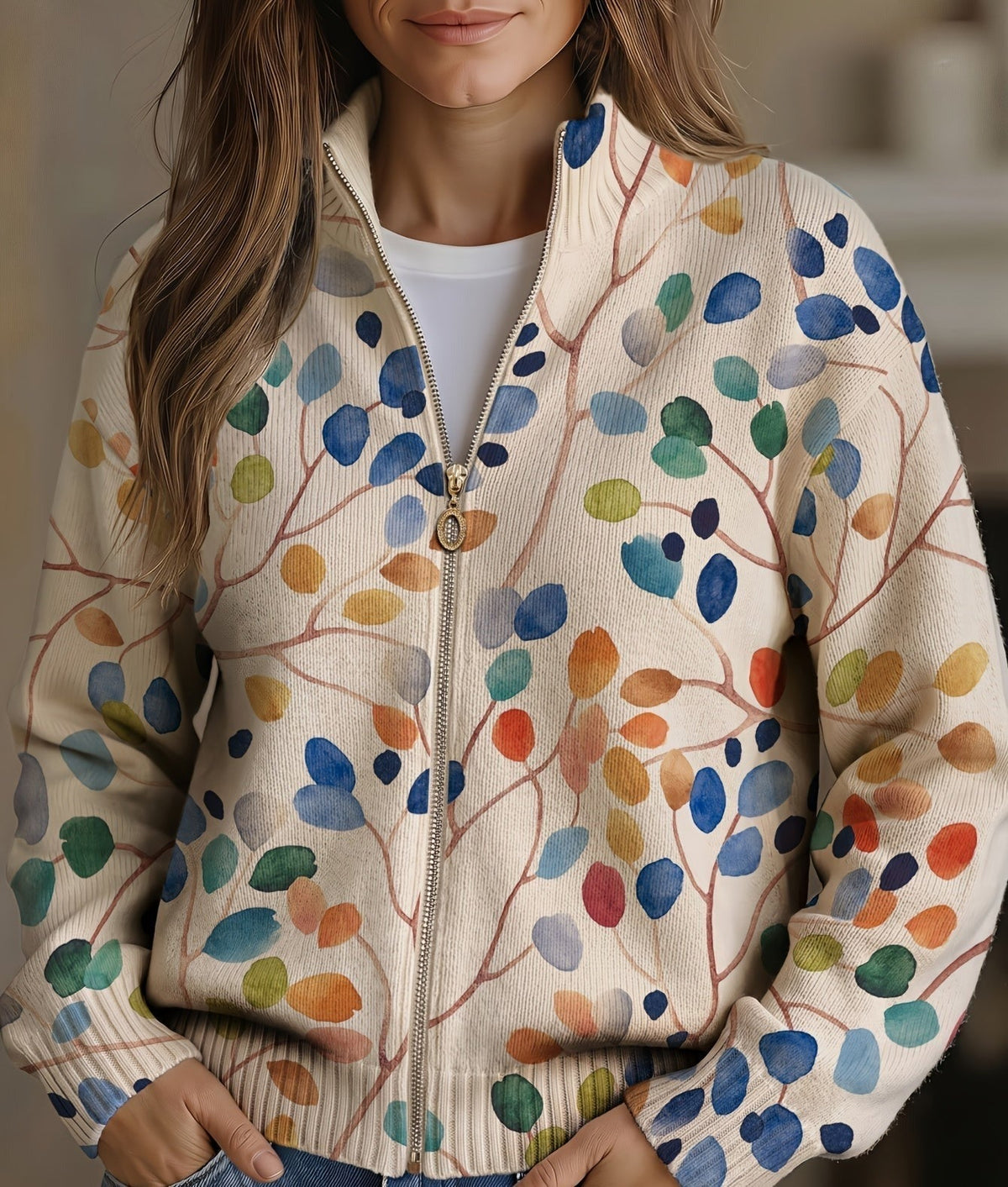 Faustine - Cardigan zippé à imprimé feuilles botaniques