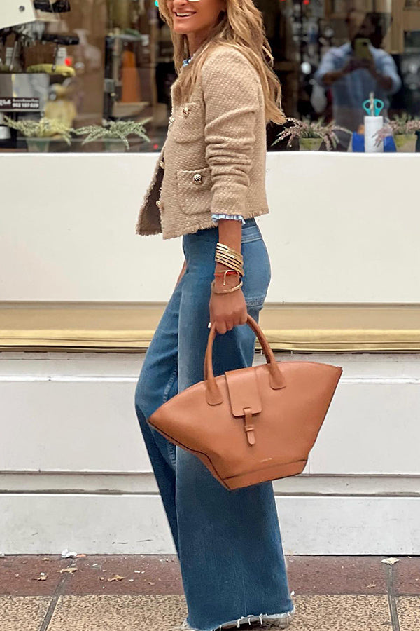 Anna – Blazer court beige pour femme à col rond – Vue 2