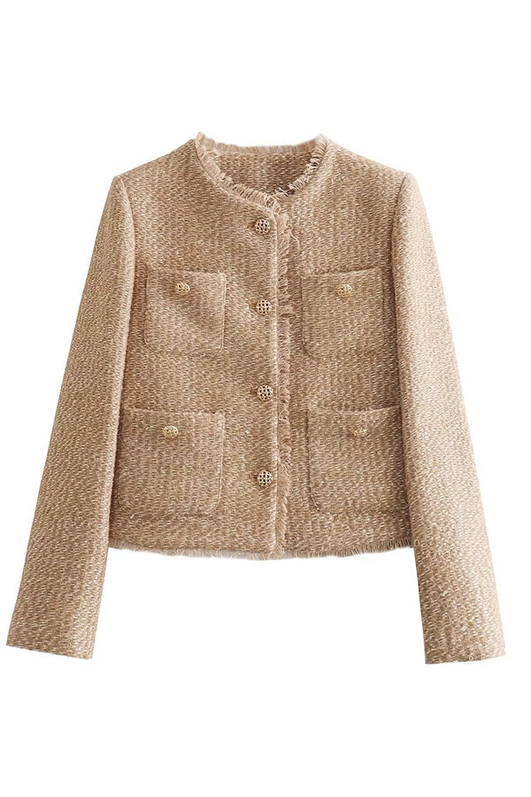Anna – Blazer court beige pour femme à col rond – Vue 4