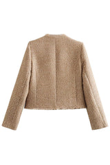 Anna – Blazer court beige pour femme à col rond – Vue de dos
