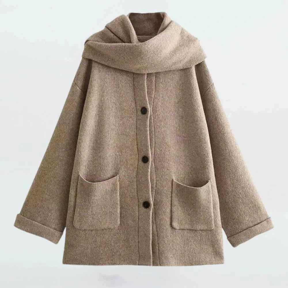 Gilet long femme en maille texturée à col drapé – Taupe