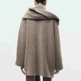 Gilet long femme en maille texturée à col drapé – Taupe, vue de dos