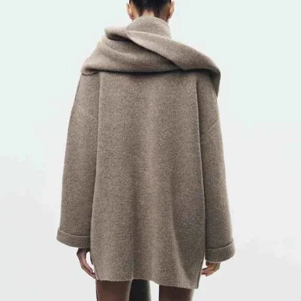 Gilet long femme en maille texturée à col drapé – Taupe, vue de dos