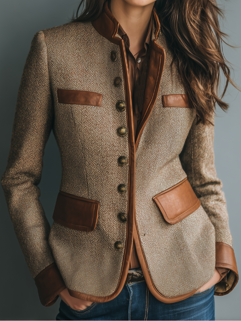 Isabelle – Veste femme en tweed à chevrons, finitions cognac – Vue principale