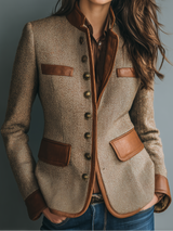 Isabelle – Veste femme en tweed à chevrons, finitions cognac – Vue principale