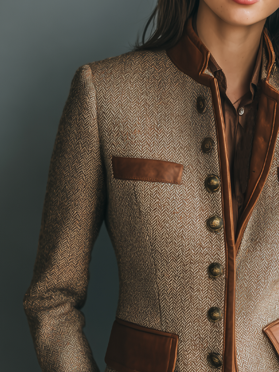 Isabelle – Veste femme en tweed à chevrons, finitions cognac – Vue 2