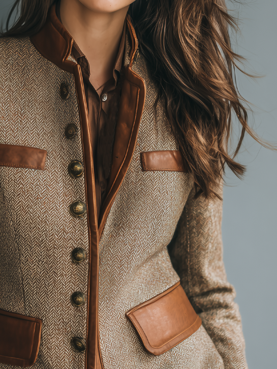 Isabelle – Veste femme en tweed à chevrons, finitions cognac – Vue 3