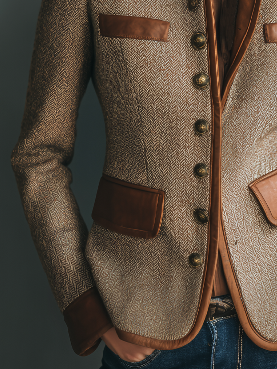 Isabelle – Veste femme en tweed à chevrons, finitions cognac – Vue 4