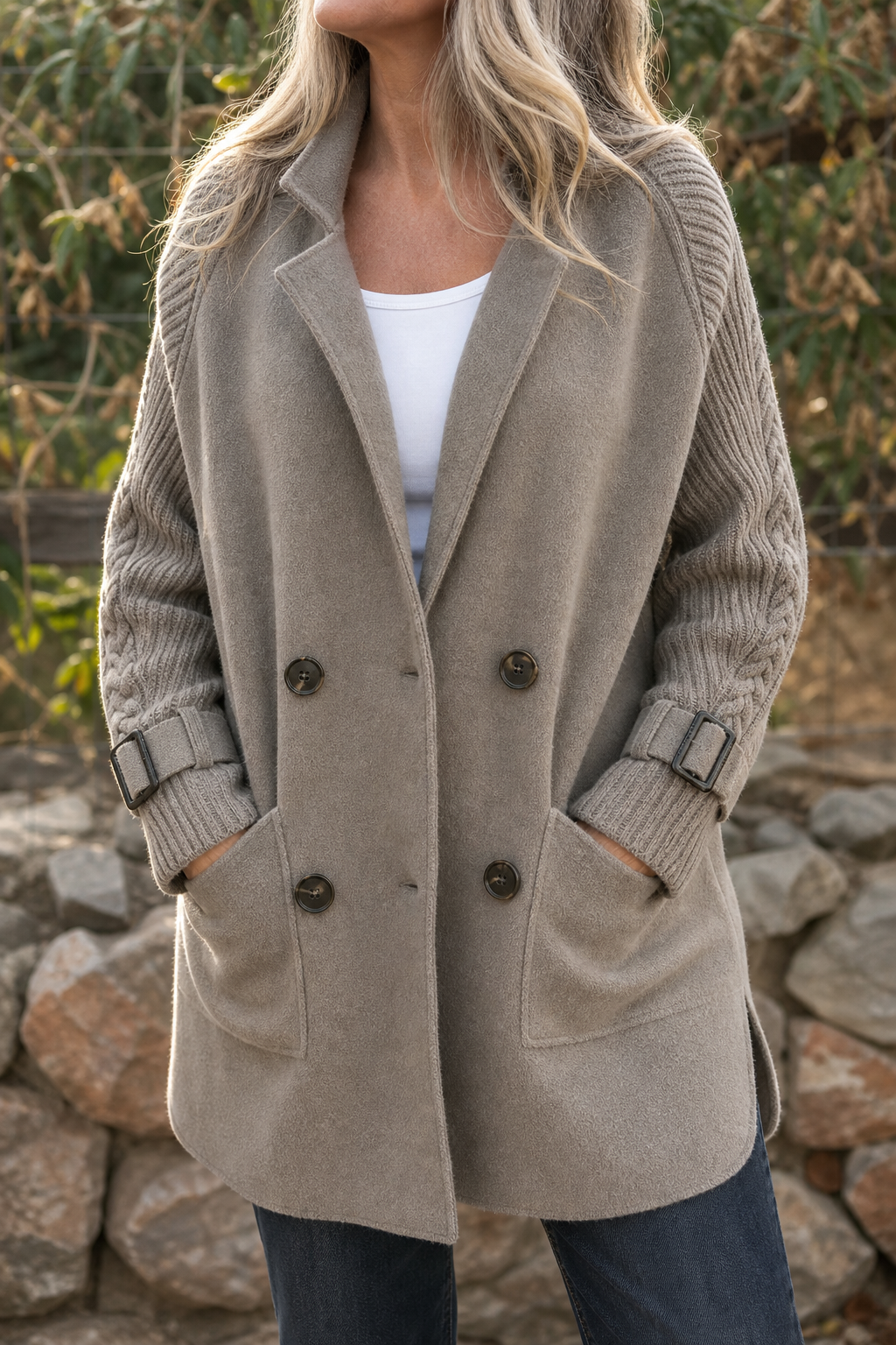 Manteau femme à manches en maille torsadée – Gris-vert, détail du boutonnage croisé