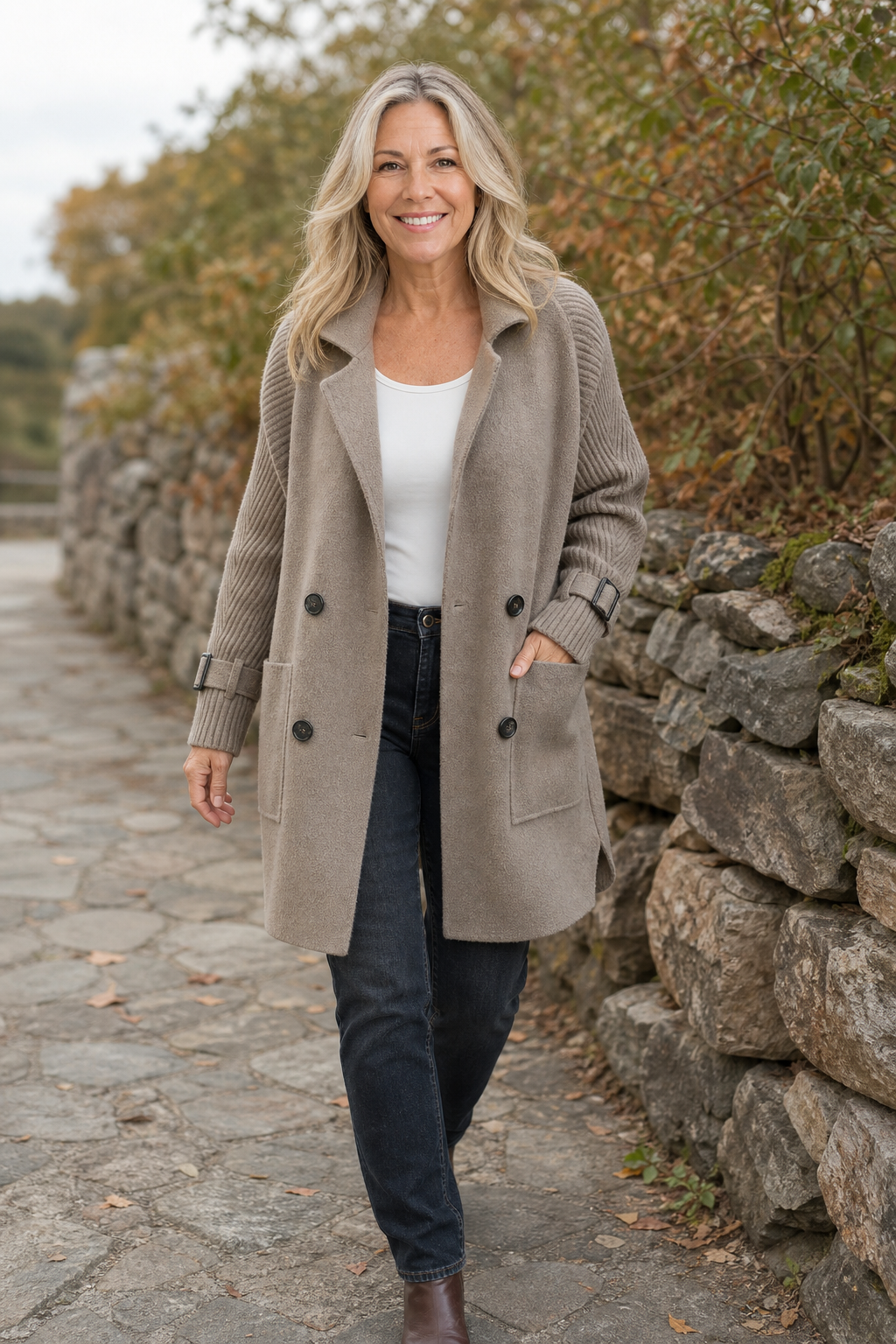 Manteau femme à manches en maille torsadée – Gris-vert, porté en promenade