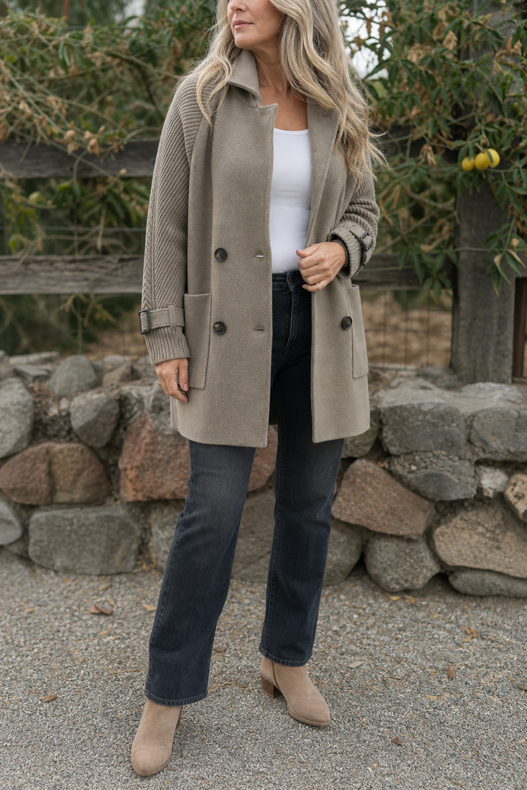 Manteau femme à manches en maille torsadée – Gris-vert, coupe droite portée
