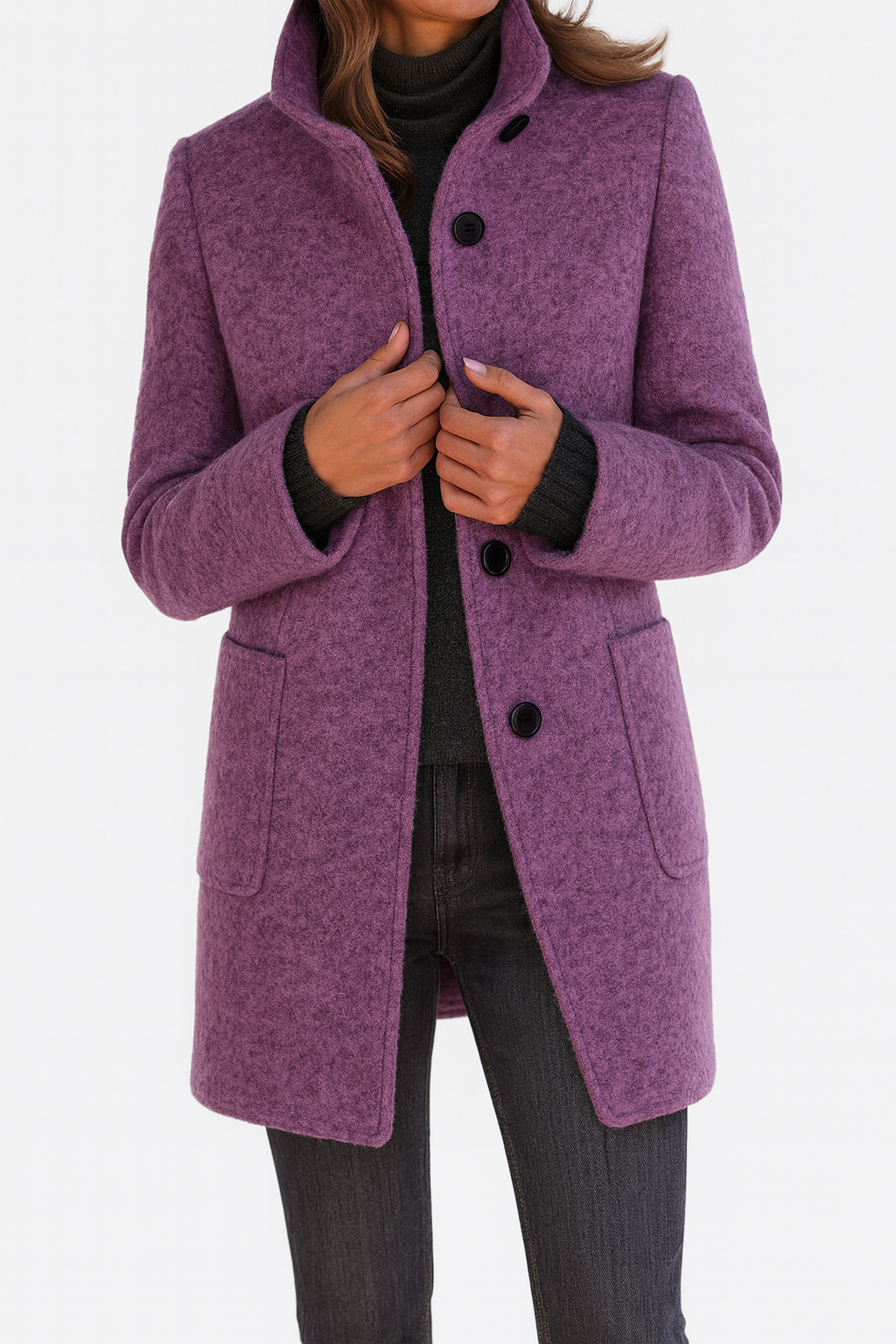 Veste femme en laine mélangée – Col montant, élégante et chaude