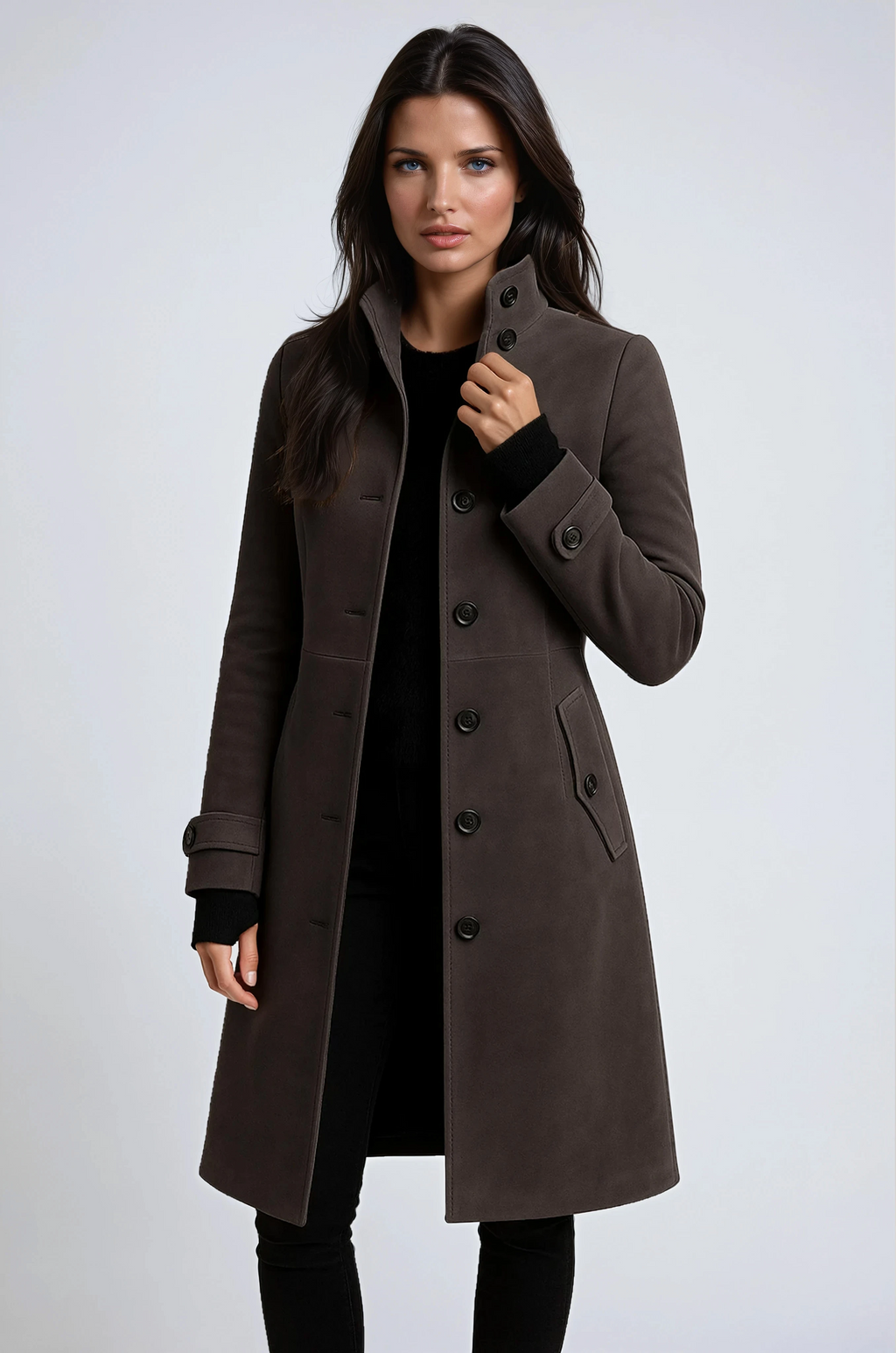 Manteau long femme à col montant – Élégant et moderne