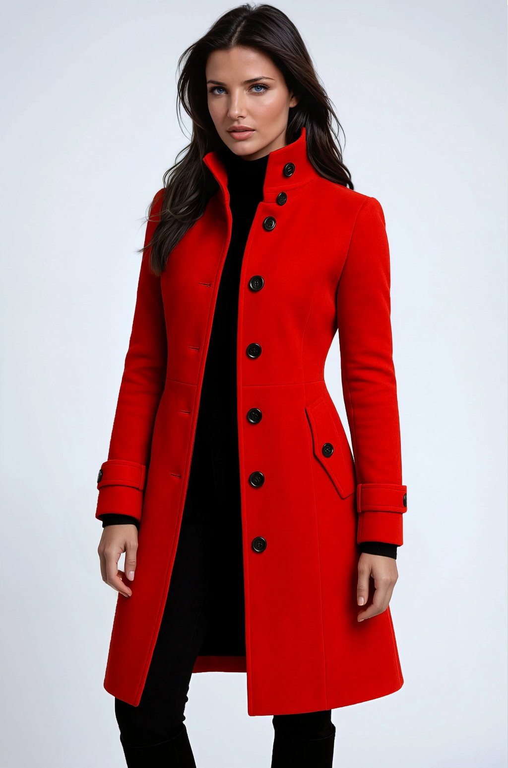 Manteau long femme à col montant – Élégant et moderne