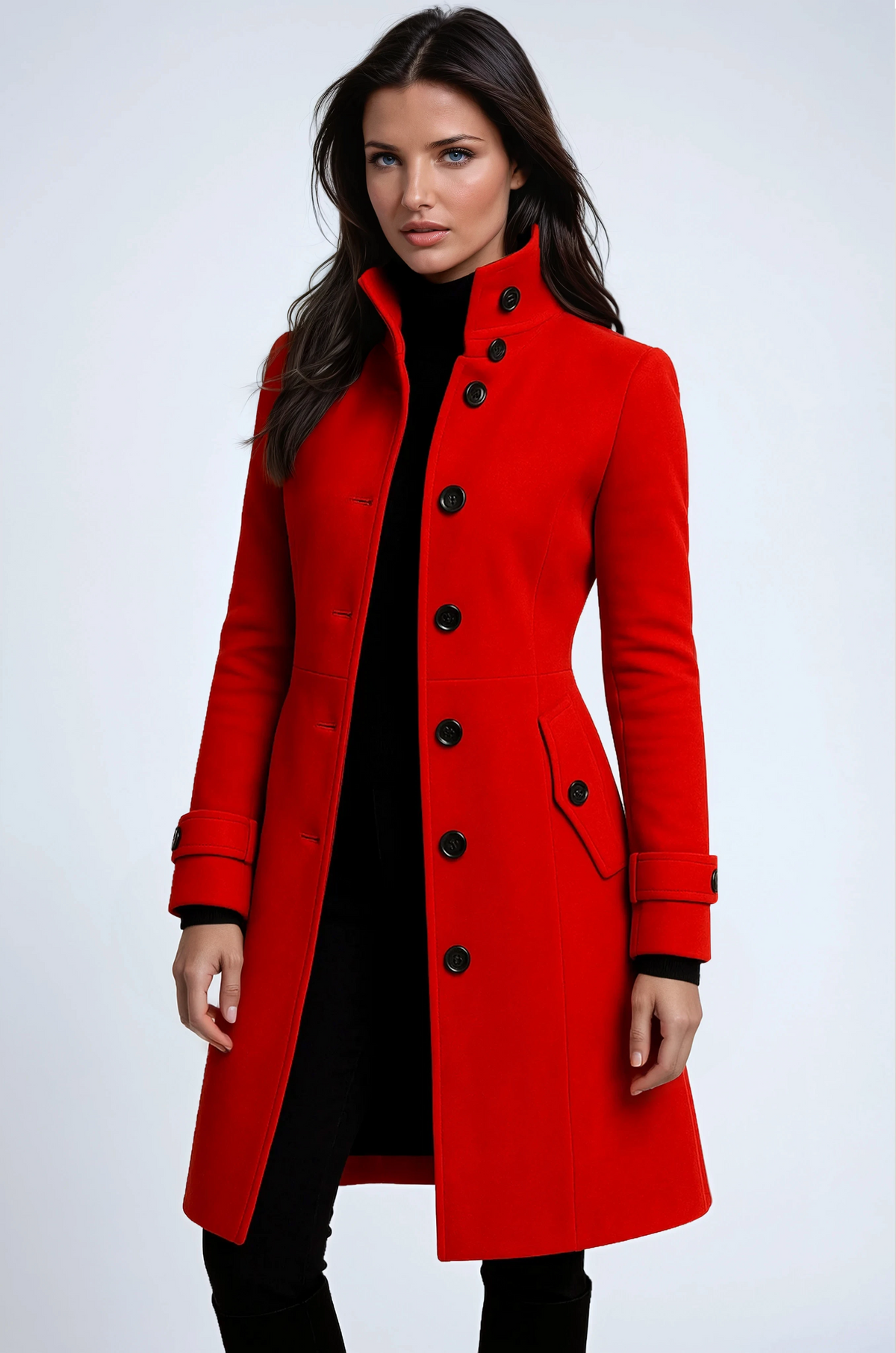 Manteau long femme à col montant – Élégant et moderne