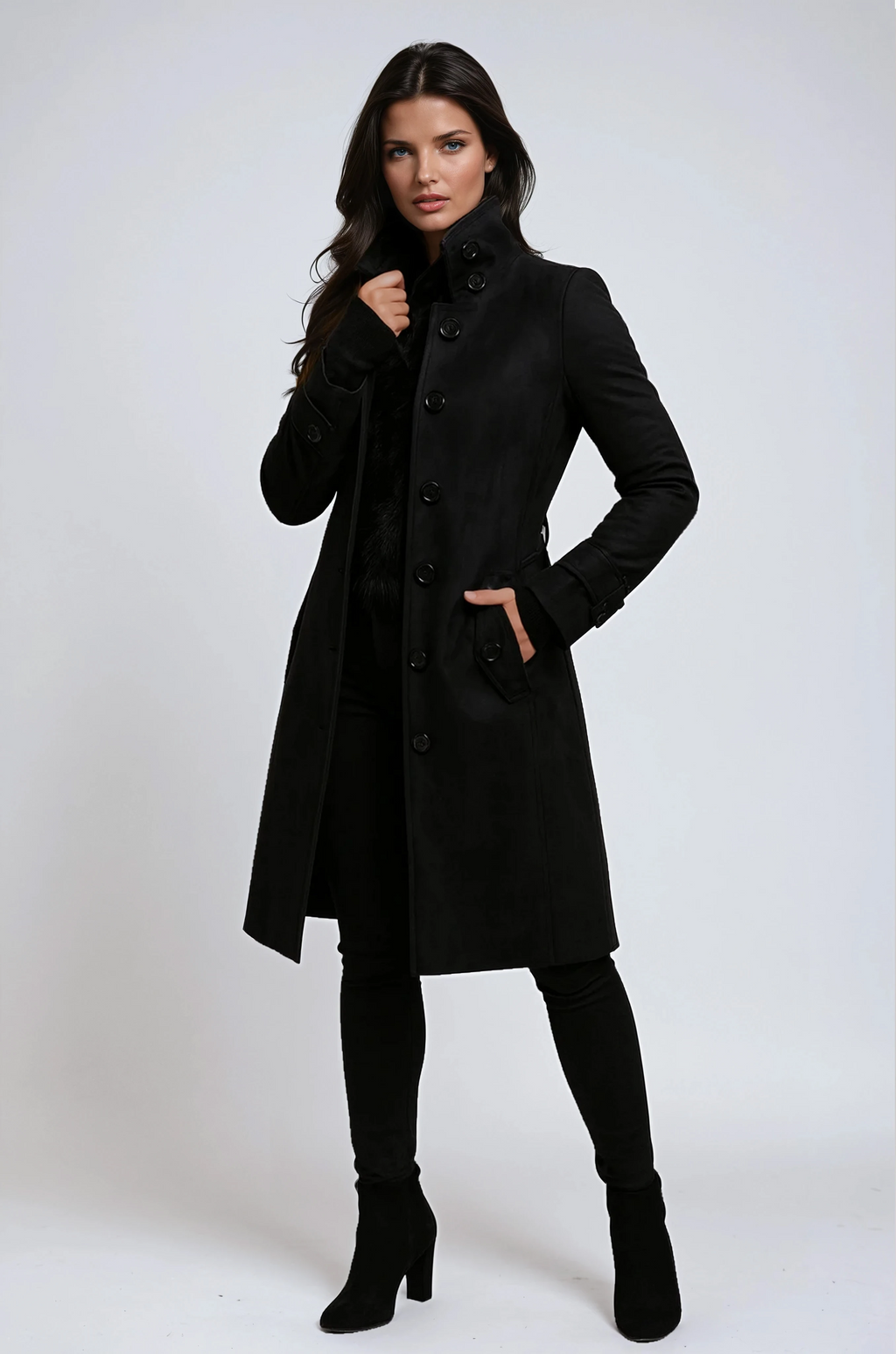 Manteau long femme à col montant – Élégant et moderne