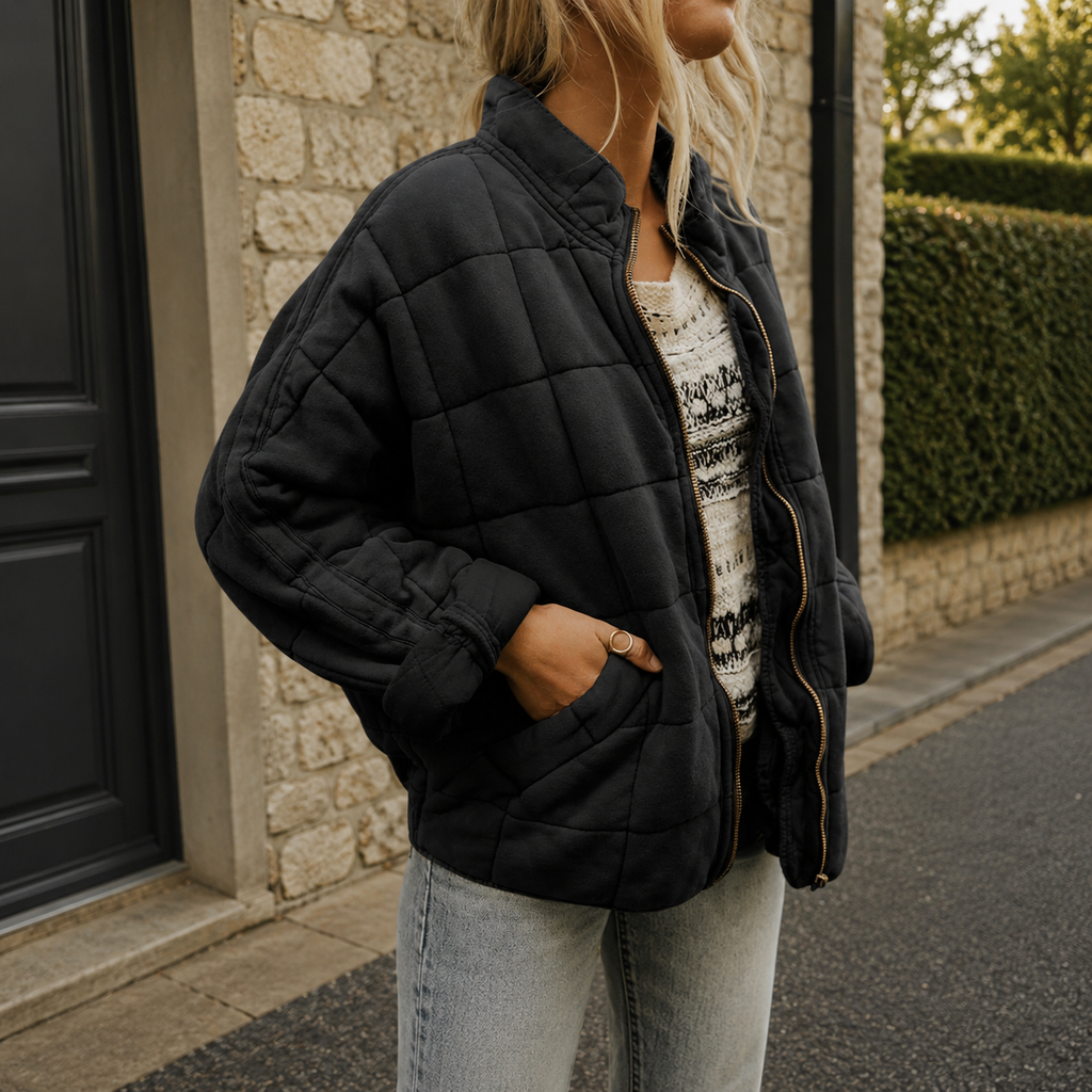 Veste matelassée femme à col montant et poches – Noir
