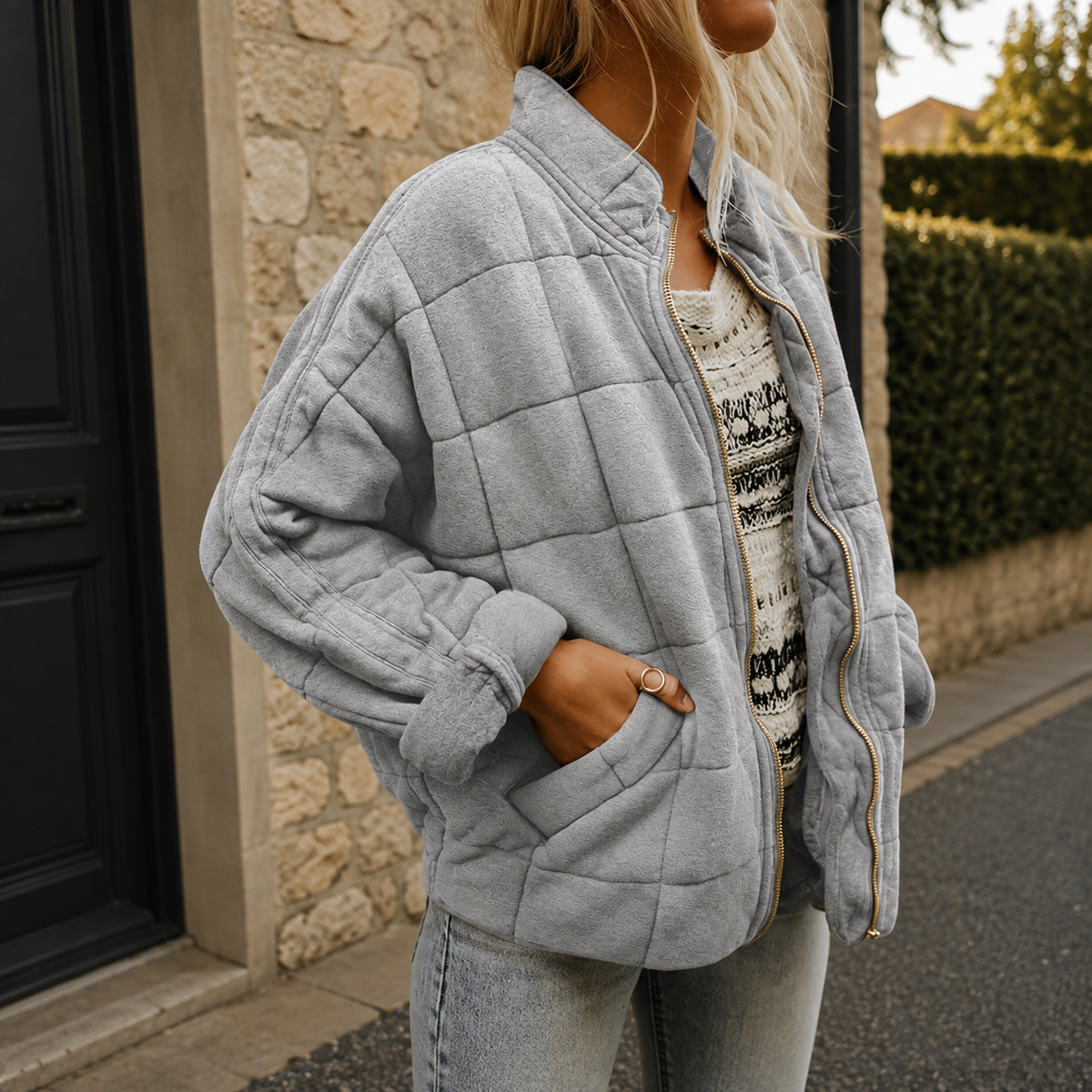 Veste matelassée femme à col montant et poches – Gris