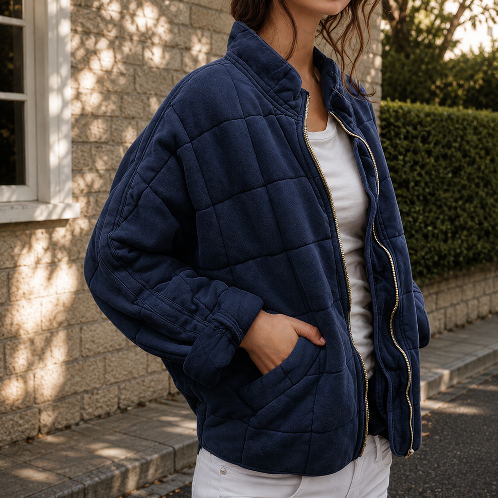 Veste matelassée femme à col montant et poches – Bleu marine