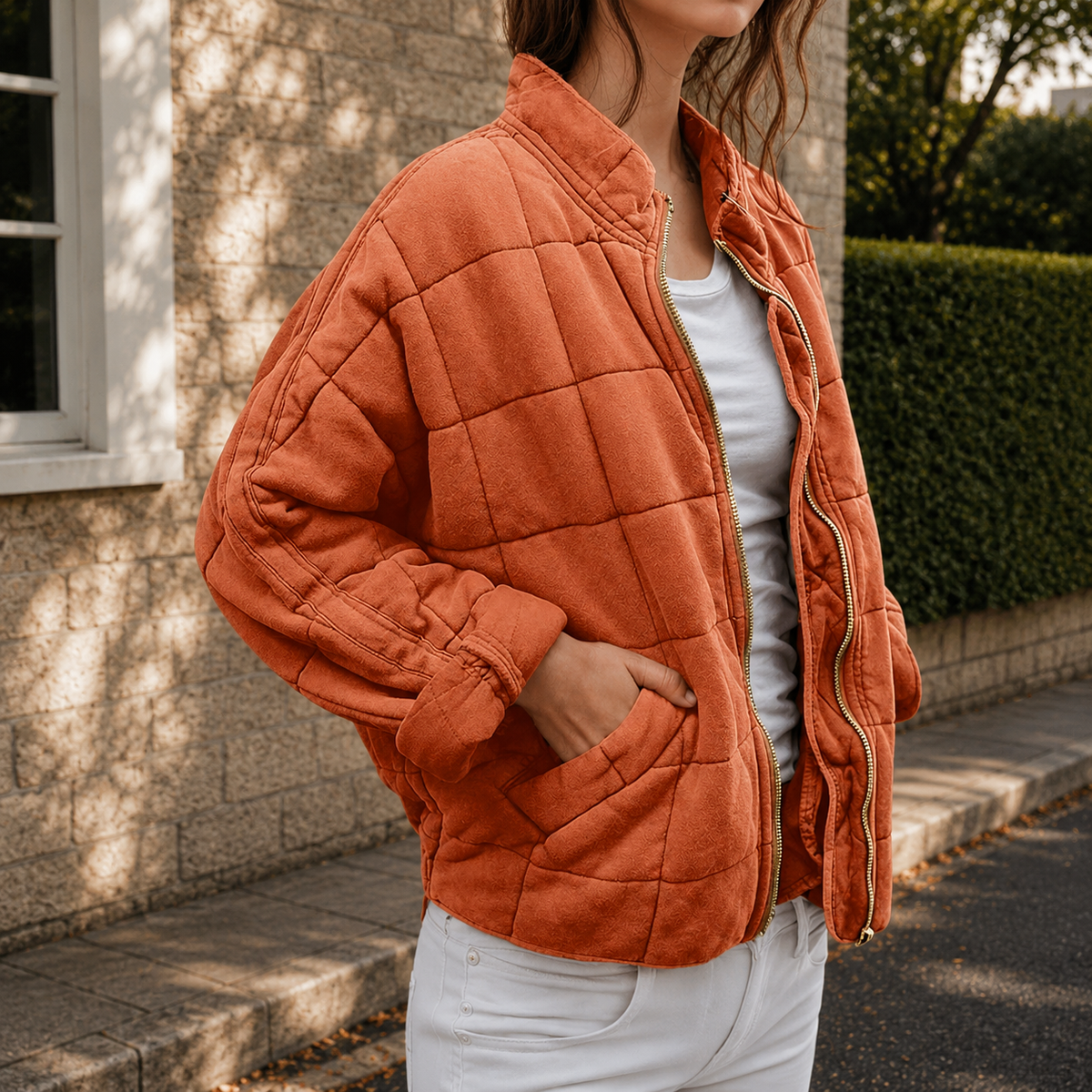 Veste matelassée femme à col montant et poches – Orange rouille