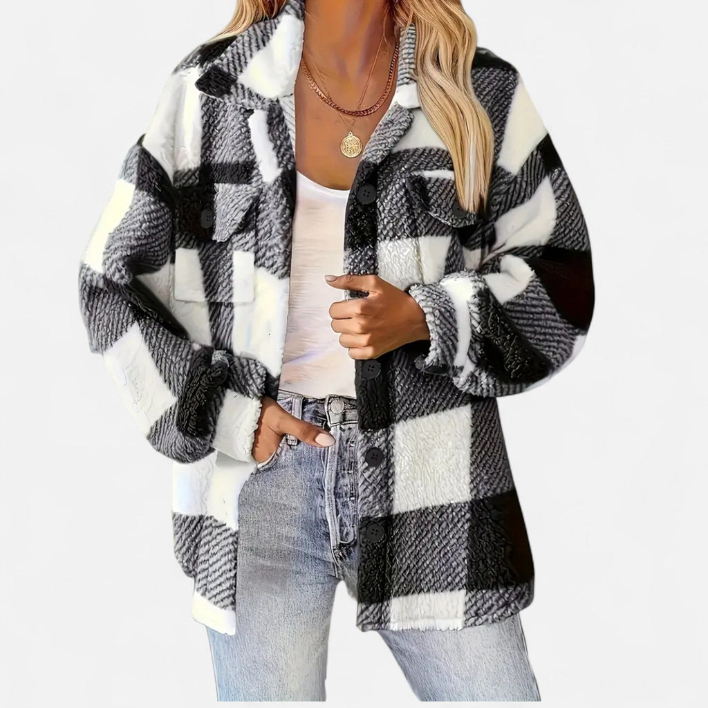 Veste femme en peluche à carreaux – Noir