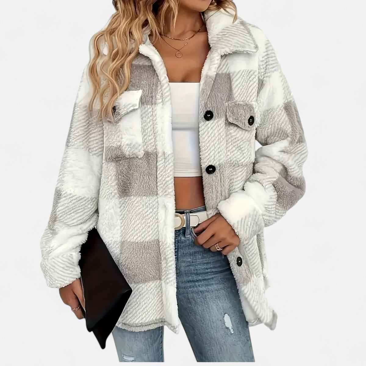 Veste femme en peluche à carreaux – Gris