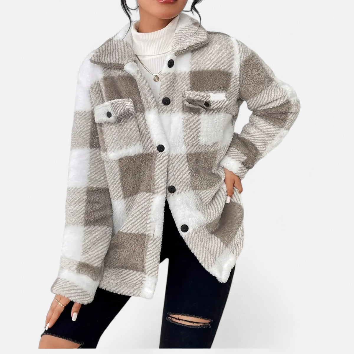 Veste femme en peluche à carreaux – Taupe