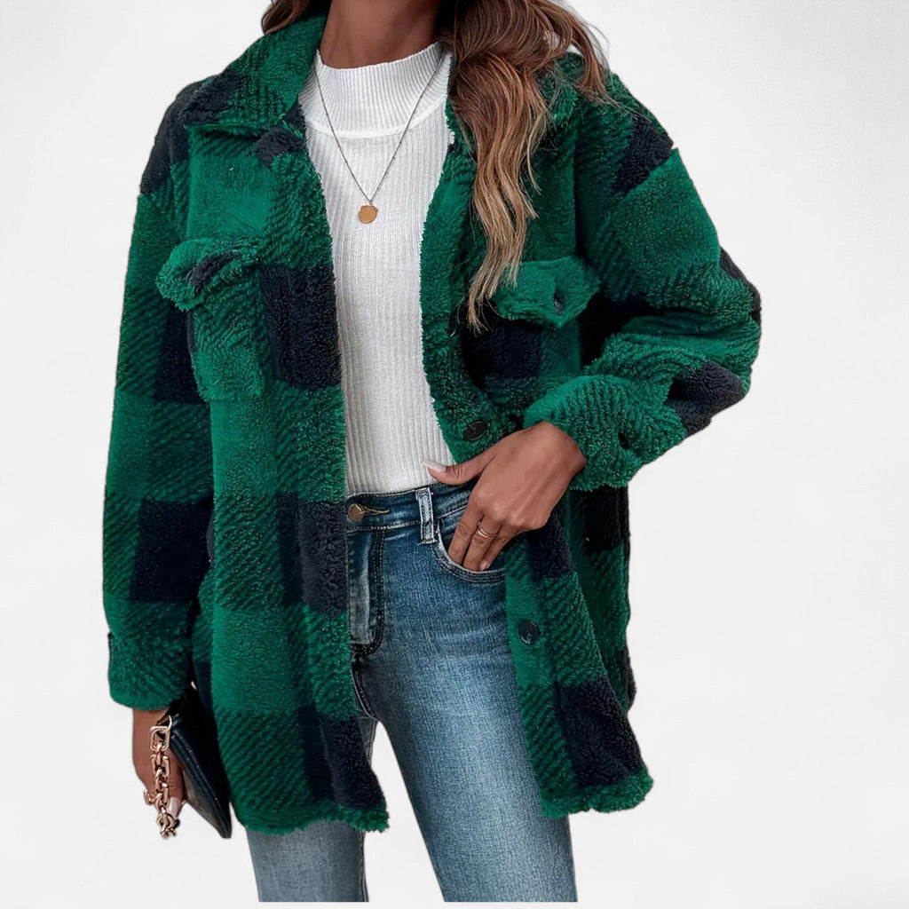 Veste femme en peluche à carreaux – Vert foncé