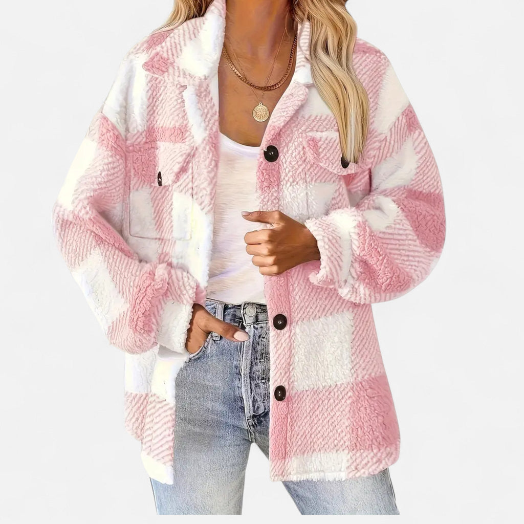 Veste femme en peluche à carreaux – Rose