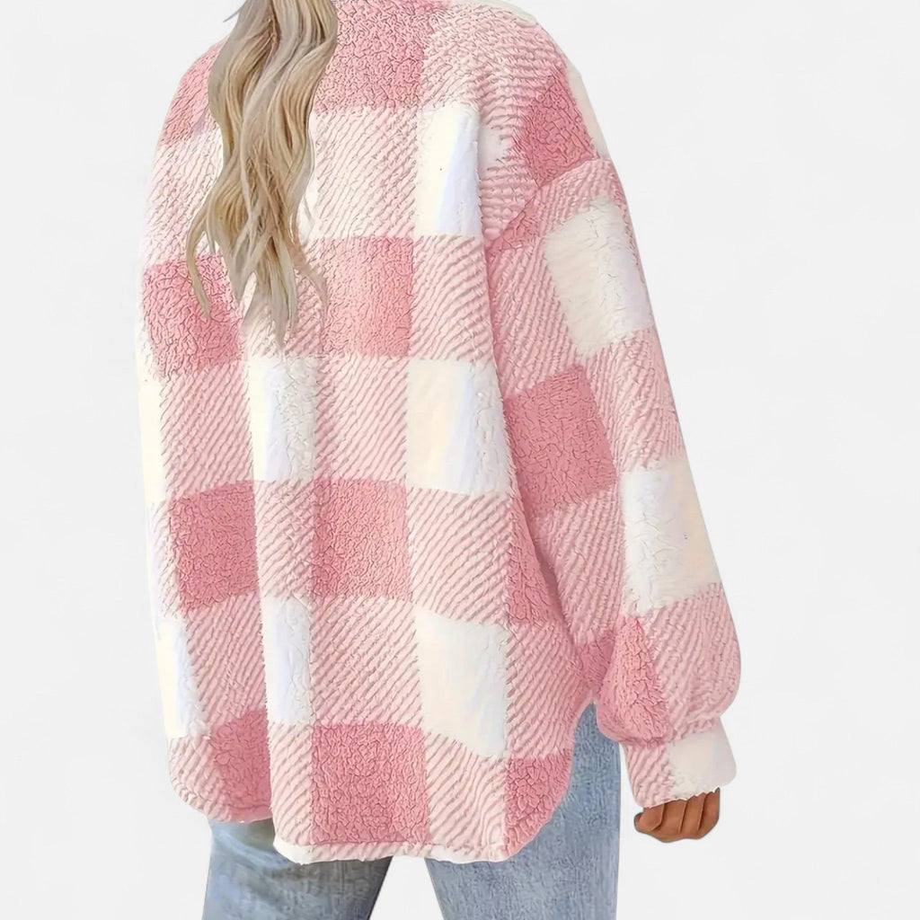 Veste femme en peluche à carreaux – Rose – autre vue