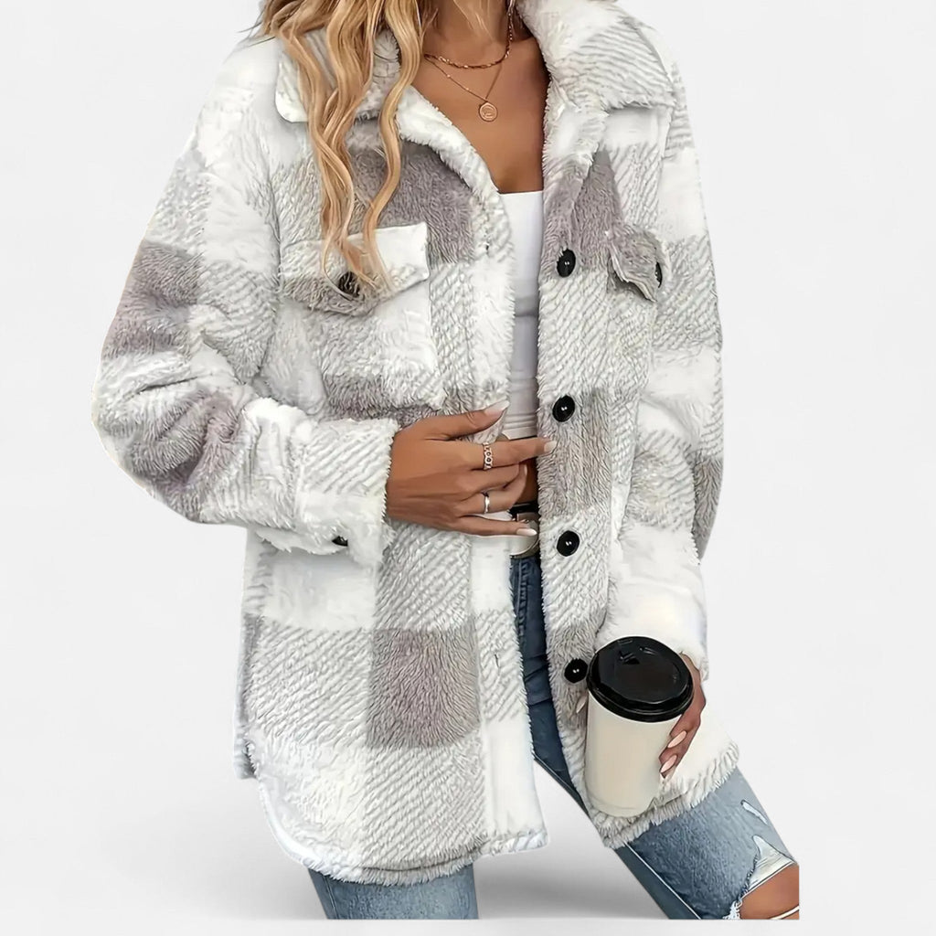 Veste femme en peluche à carreaux – Gris – autre vue