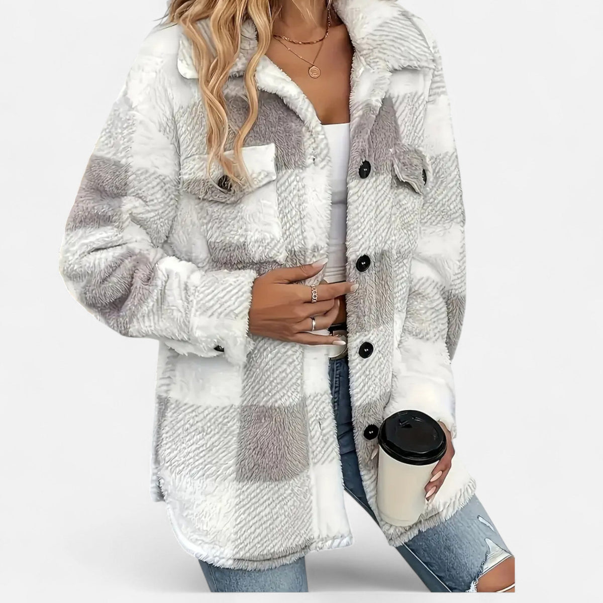 Veste femme en peluche à carreaux – Gris – autre vue