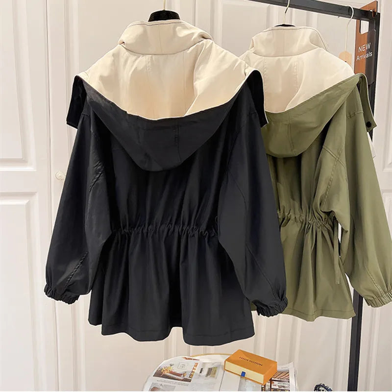 Veste coupe-vent réversible femme à col montant – Noir et kaki – vues de dos