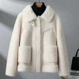 Veste teddy oversize femme à col et poches plaquées – Écru
