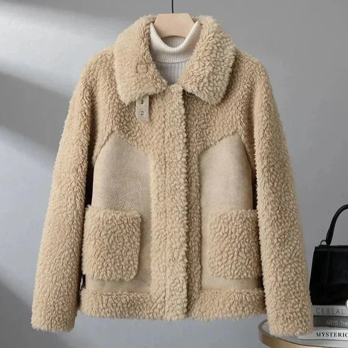 Veste teddy oversize femme à col et poches plaquées – Camel